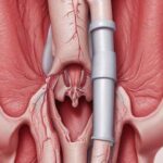 Illustration showing the process of Uterine Fibroid Embolization with a doctor and patient